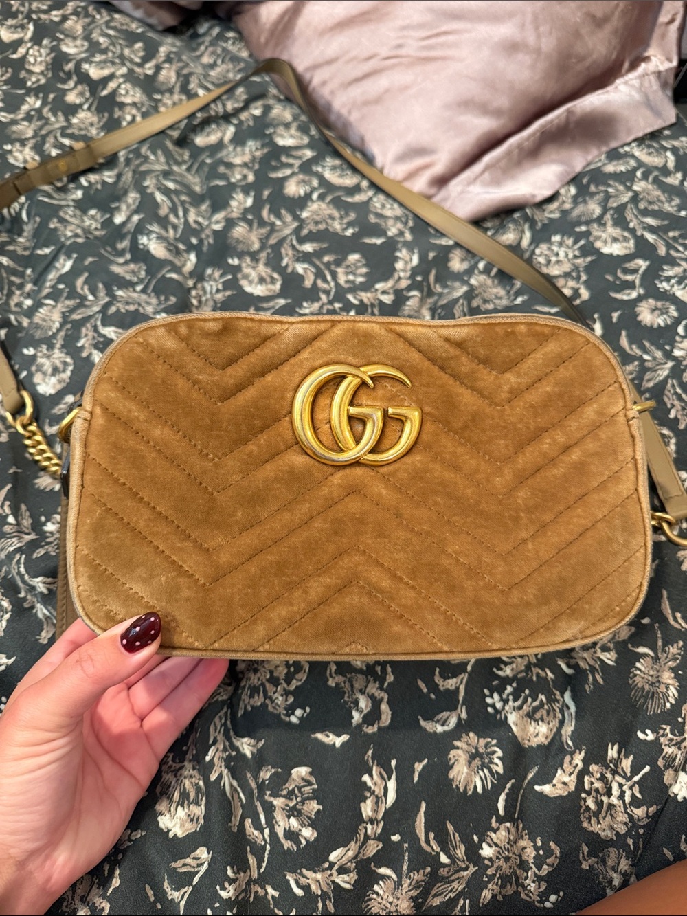 Gucci tan suede Marmont crossbody bag with gold GG